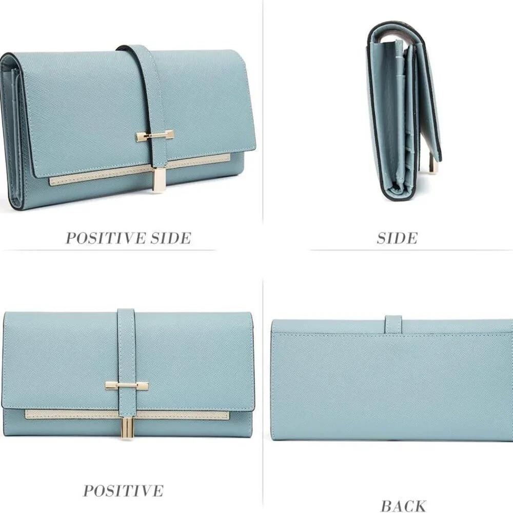 Leather Wallet Women Slim Trifold Credit Card Holder Light Blue